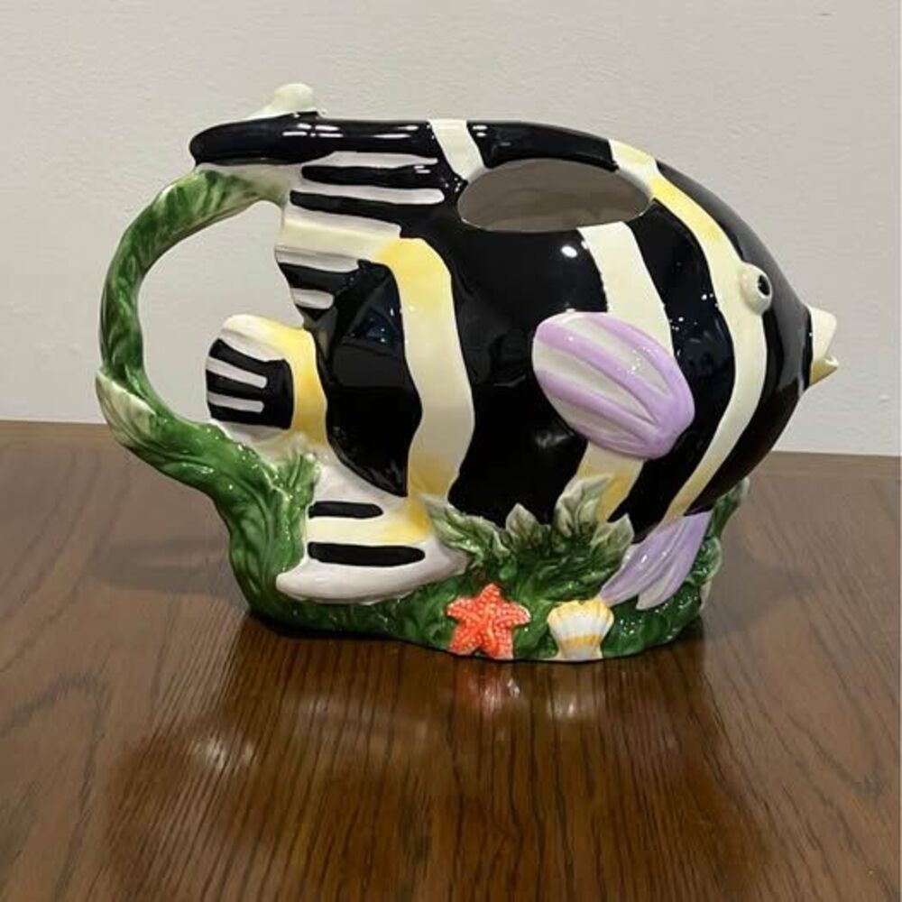 Vintage Sakura Clare Murray Tropical Fish Pitcher, Hand Painted Ceramic,